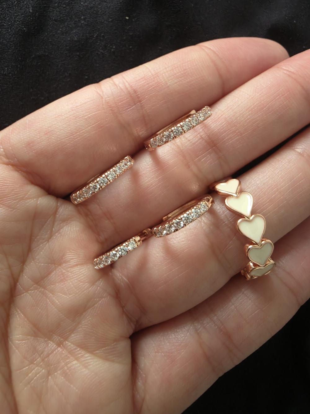 Rose Gold Crystal Huggie Earrings and Rose Gold Heart Ring Set